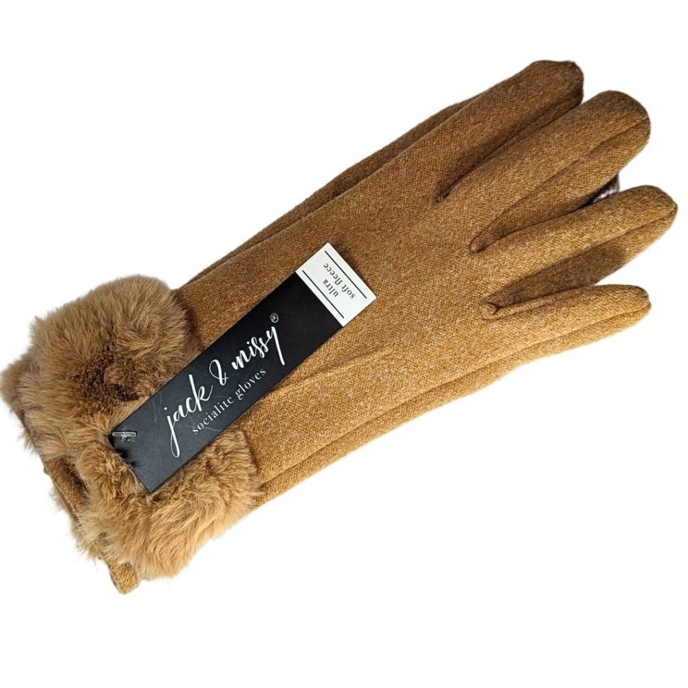 Jack & Missy NWT Gloves Super Soft Faux Fur Trim Camel Brown Text Phone Fingers - Picture 1 of 6